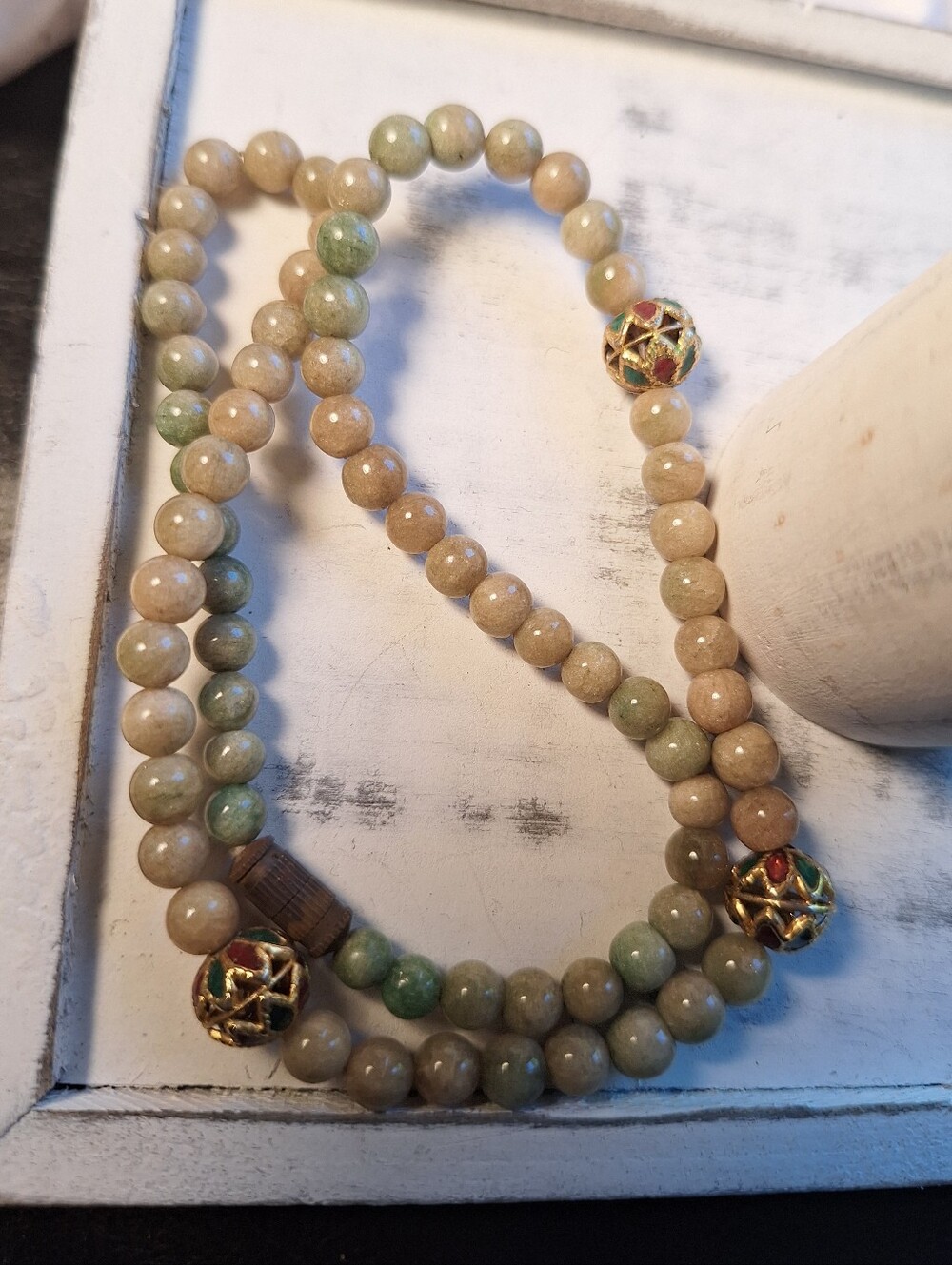 Vintage Natural Stone Greenish Pale Beaded Necklacew/ Screw Clasp Gold Beads